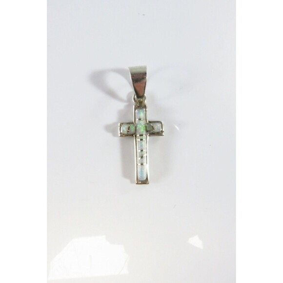 Opal Inlaid Christian Cross Pendant Sterling Opal Cross Cecil Sanders Navajo - Picture 1 of 5